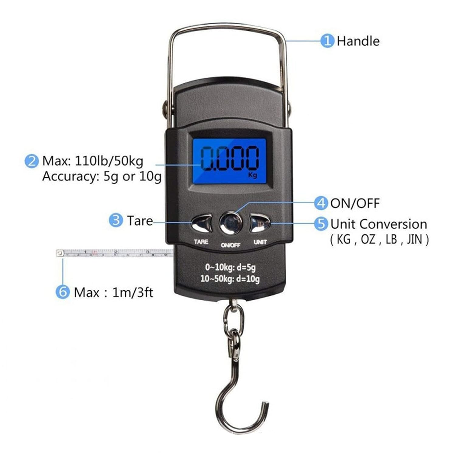 Electronic Hook Scale, 50Kg LCD Digital Hanging Fishing Scale, with 1Meter Concealed Tape Measure, for Luggage Weighing, Shopping, Fishing, Measurement Unit Ruler