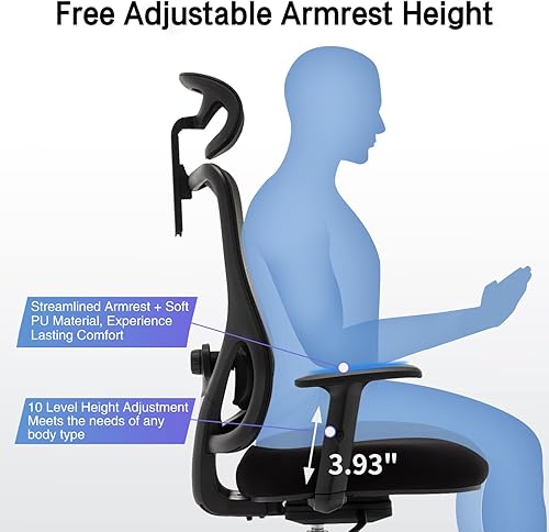Miniatura 8 de EnjoySeating Silla ergonómica de oficina con soporte lumbar, respaldo alto, reposacabezas 2D, reposabrazos de poliuretano, asiento grande,
