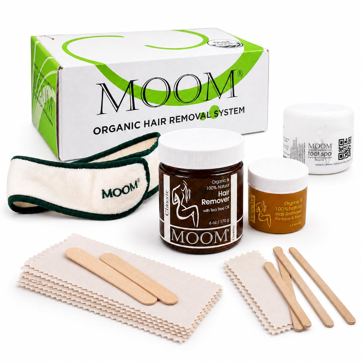 MOOM Premium Sugar Wax Kit & Self-Care Gift Set - Organic 6oz & 1.6oz sugar wax, 1oz Foot Cream, Headband, Reusable Strips & Wooden Sticks