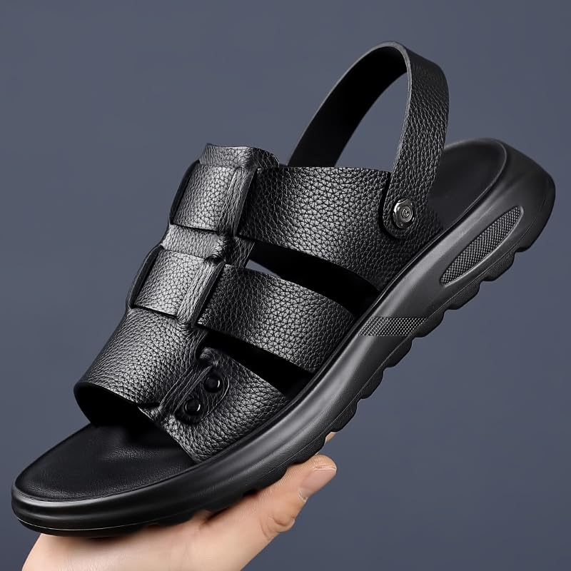 Men's Leather Flat Fashon Comfort Sandals with Adjustable Dual-Purpose Straps Soft Sole Open Toe Platform Slide-In Non-Slip Beach Water Slippers for Casual Walking Office Business Travel2