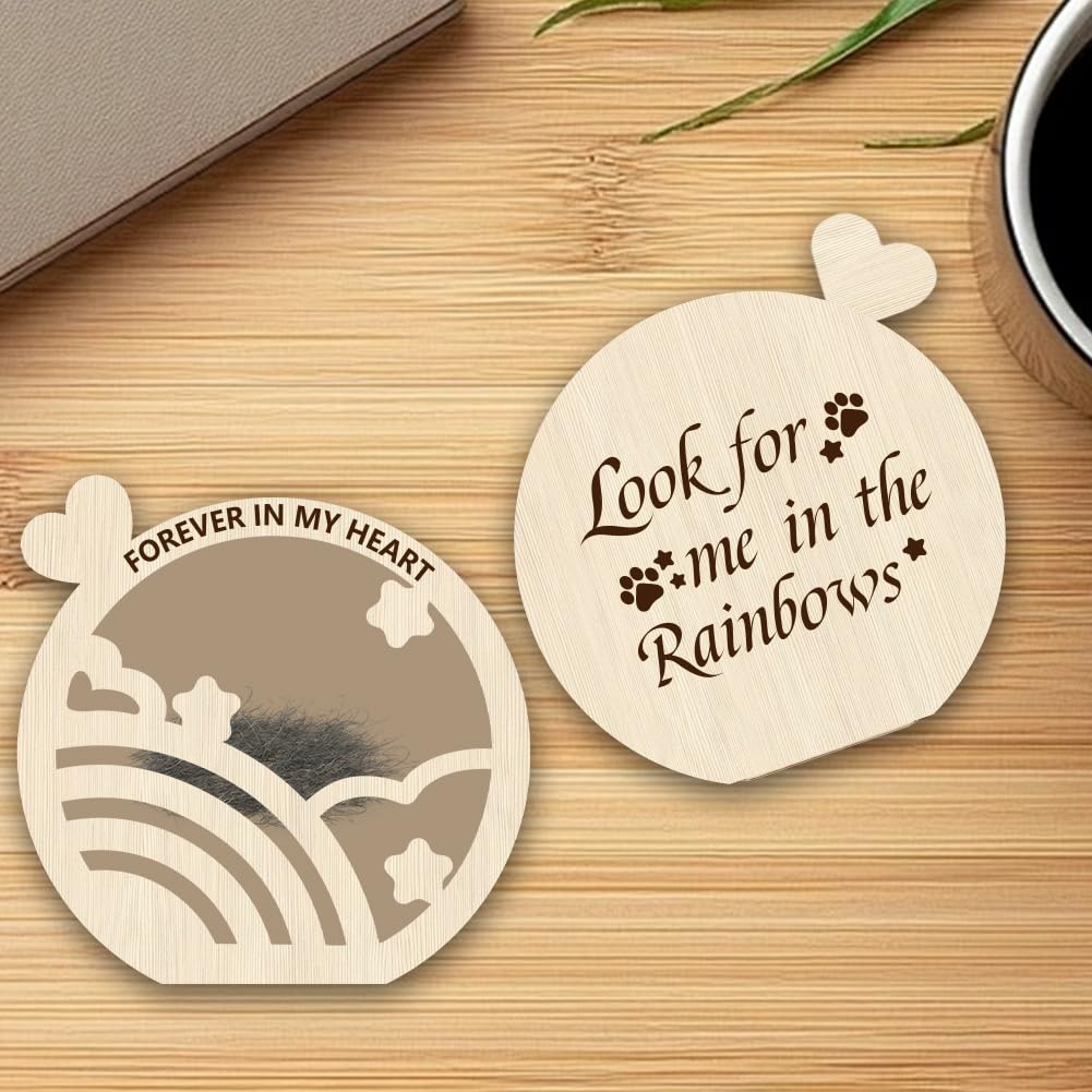PRESSINART Pet Hair Keepsake Box Dog Memorial Box for Hair Look for Me in the Rainbows Pattern Round Wooden Engraved BurlyWood Memorial Cases For Storing Cats Fur Teeth Nails Pet Loss Sympathy Gifts - Image 4