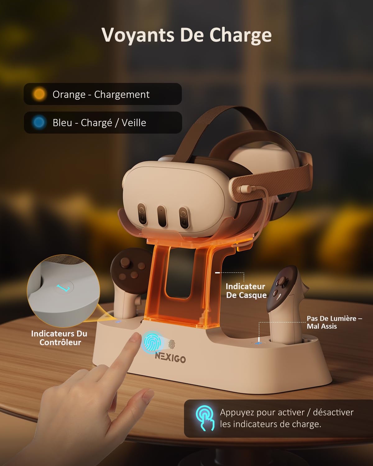 NexiGo Dock de Charge Amélioré avec Lumière LED [on/Off] pour Oculus Quest 3, Support d'Élite avec Batterie, Support de Casque et Manette, Batteries Rechargeables, Blanc