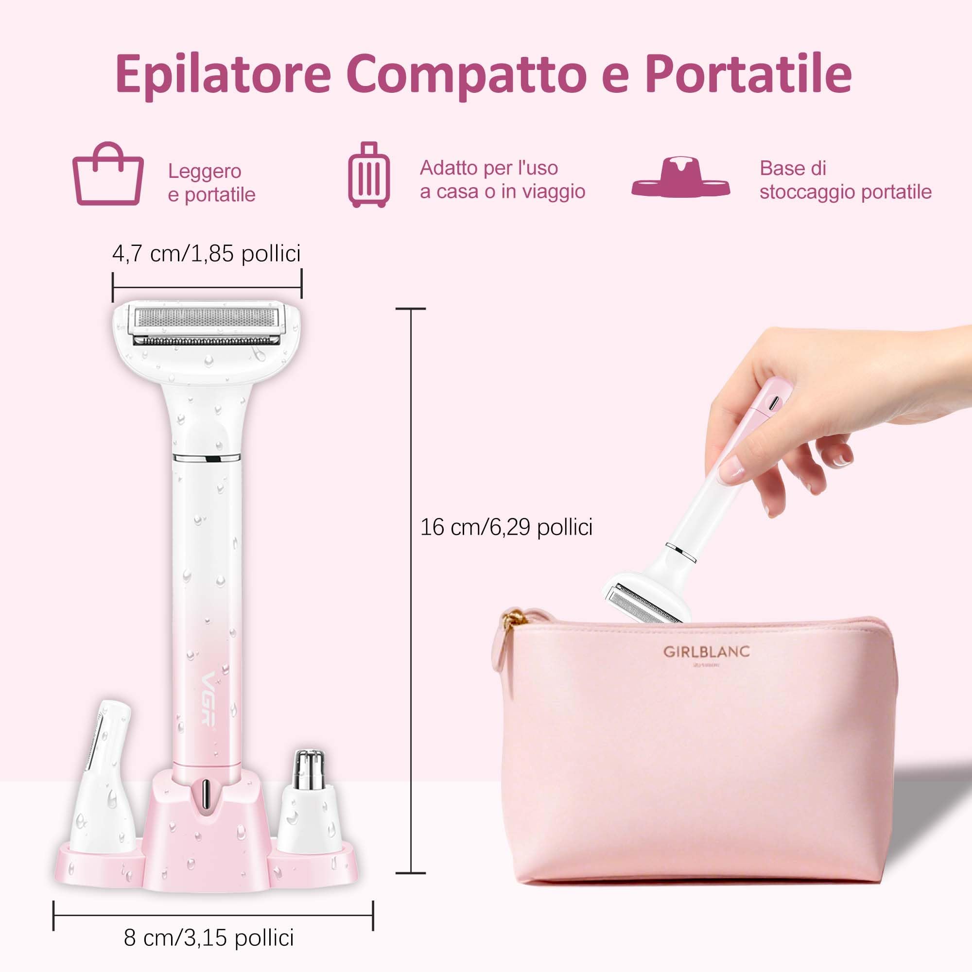 VGR 611 - Rasoio elettrico da donna 3 in 1, senza fili | Rasoio per peli del naso e del viso, ricaricabile, depilazione delicata per gambe, ascelle, bikini e viso