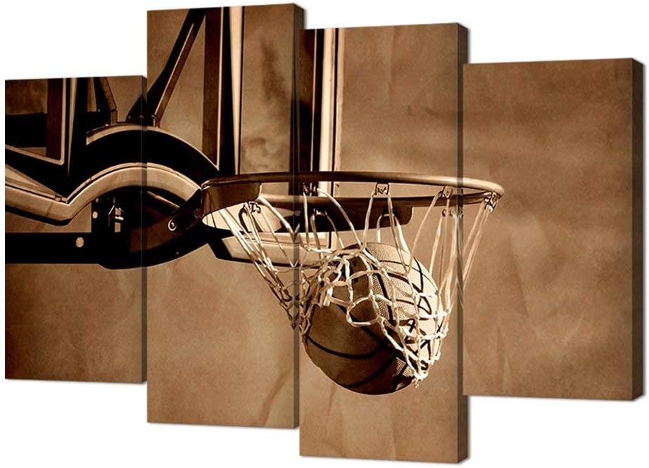 VVOVV Wall Decor Basketball Wall Decor Teen Boys Room Decor Rustic Basketball Painting Framed Canvas Prints Ready to Hang Large 4 Panels Overall 48x34Inch