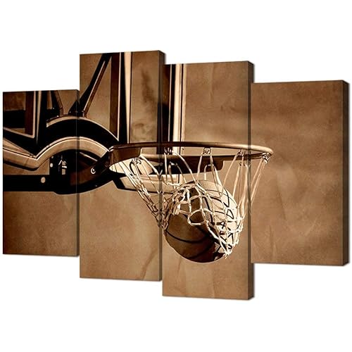 VVOVV Wall Decor Basketball Wall Decor Teen Boys Room Decor Rustic Basketball Painting Framed Canvas Prints Ready to Hang Large 4 Panels Overall 48x34Inch