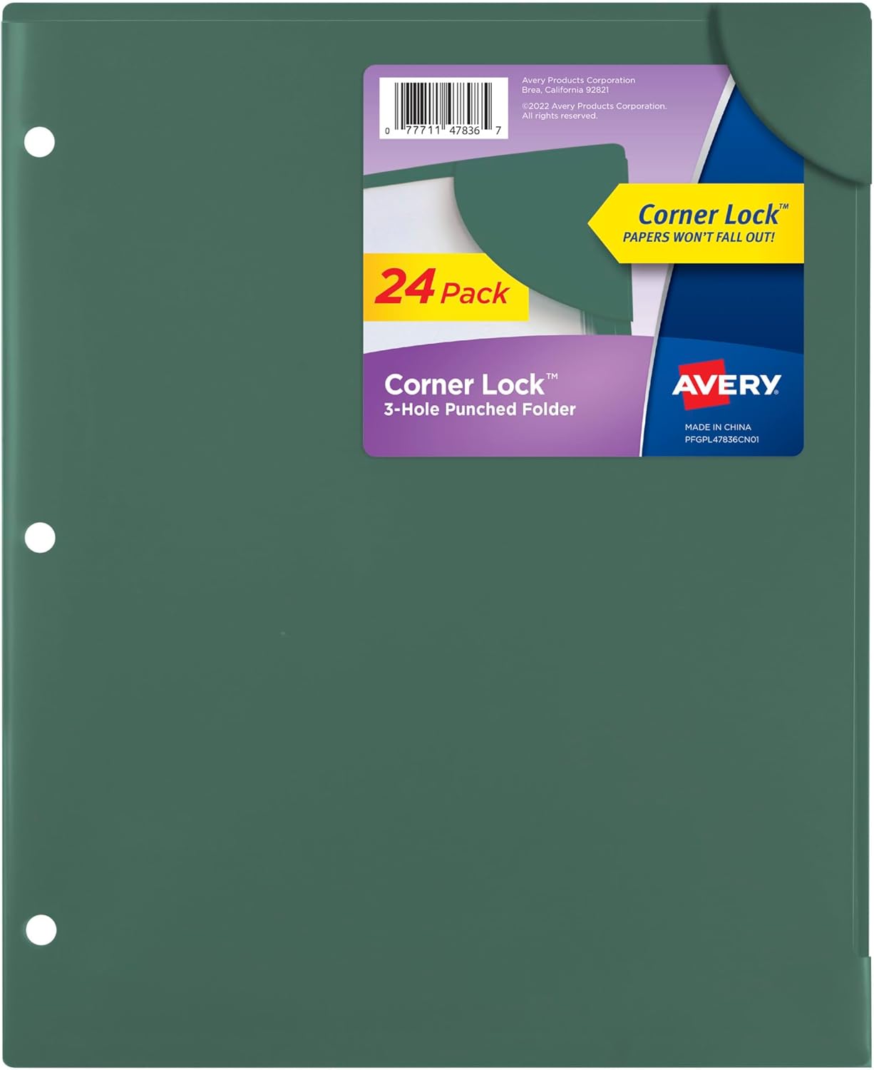 Avery Corner Lock Binder Pockets for 3 Ring Binders, Sage