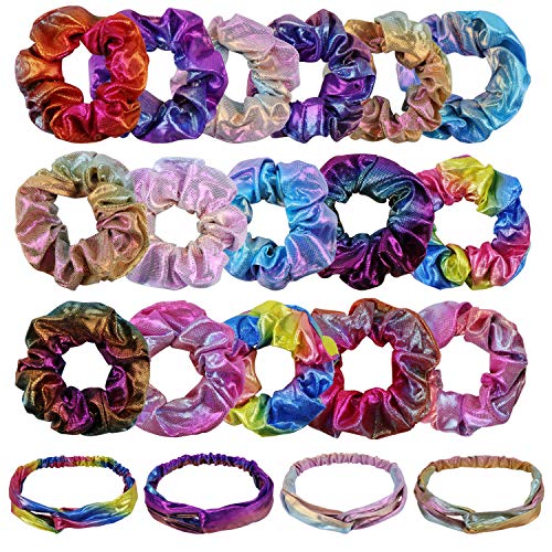 SelfTek 20 Pcs Shiny Metallic Scrunchies Scrunchy Hair Ties Ropes and Elastic Stretch Mermaid Knotted Headband Twisted  Head Wraps,for Women & Girls Hair Accessories (Rainbow Colors)