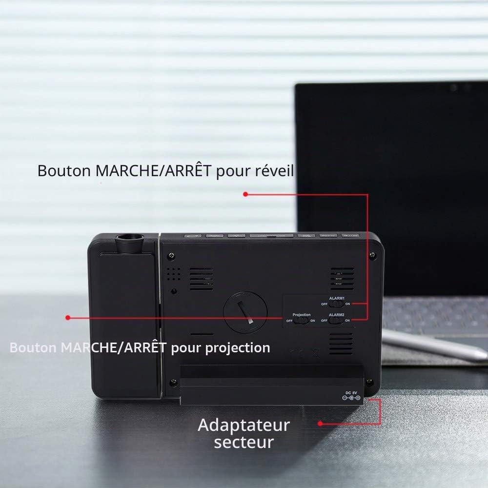Station Météo Thermomètre Hygromètre sans Fil avec capteur, Horloge météo à Projection, thermomètre intérieur/extérieur avec Contrôle de Radio RCC, Réveil Doubles