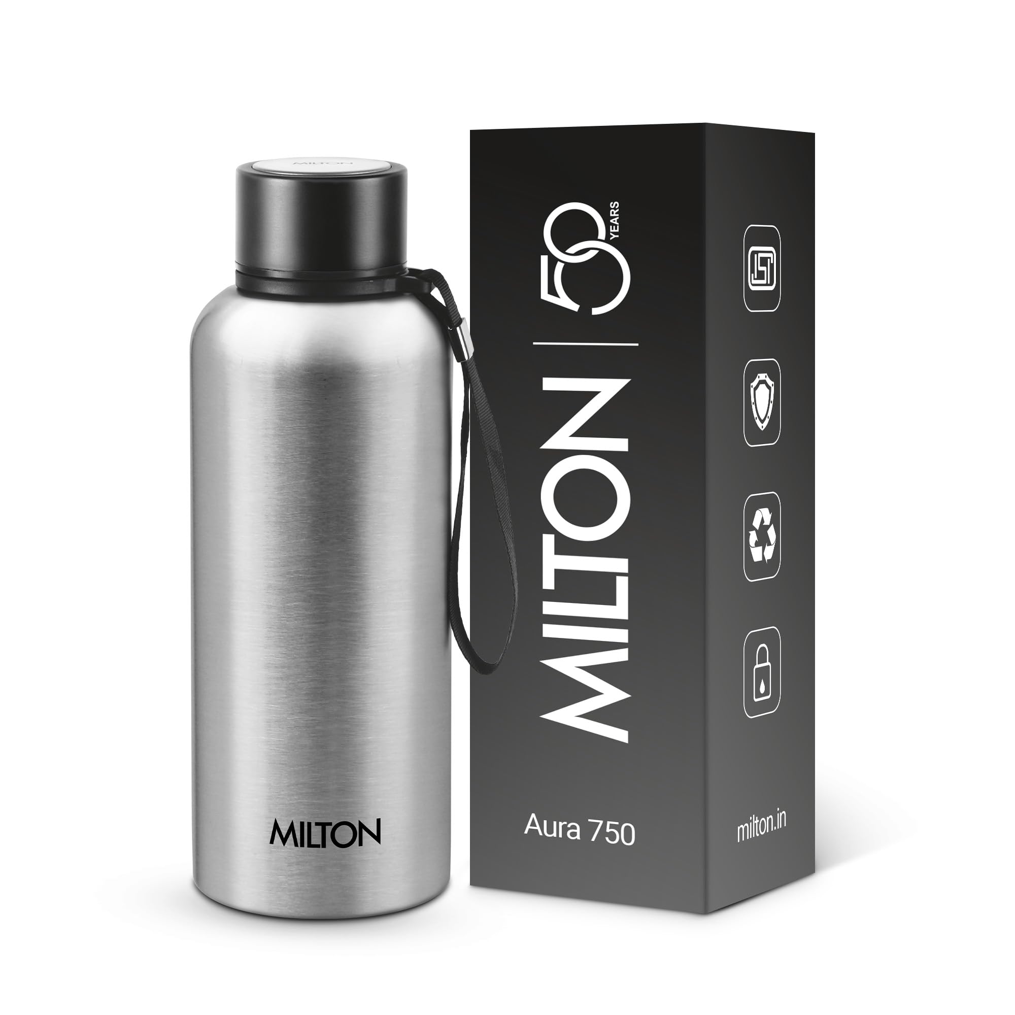 Milton Aura 750 Thermosteel Water Bottle 725 ml, 24 Hr Hot and Cold I Leak Proof Lid, ISI Certified I Vacuum Insulated I for Office, Gym, School I Silver