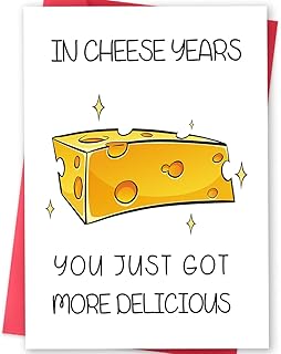 Funny Cheese Birthday Card – Humorous Food Pun Greeting Card for Friends, Family, Men, Women – “In Cheese Years You Just Got More Delicious” – 8 x 5.3 Inch with Envelope