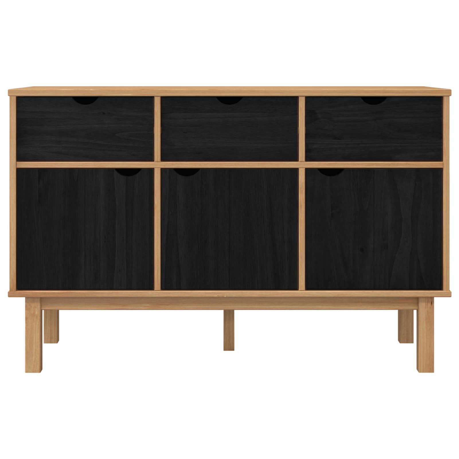 Kredens OTTA z dużą ilością miejsca do przechowywania, lite drewno sosnowe, brązowy/czarny, 114 x 43 x 73,5 cm, 3 szuflady + 3 drzwi – do salonu i jadalni
