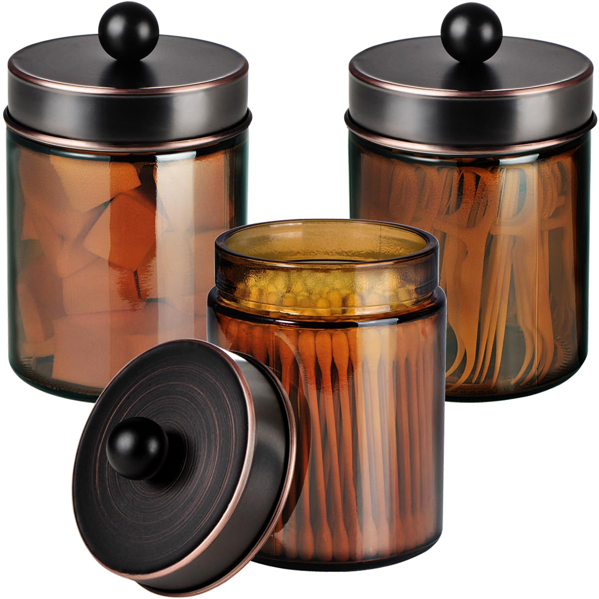 Amber Glass Qtip Holder, Apothecary Jars with ORB Metal Lid & Stickers-Bathroom Qtip Dispenser Storage Organizer Set,Vanity Counter Canister for