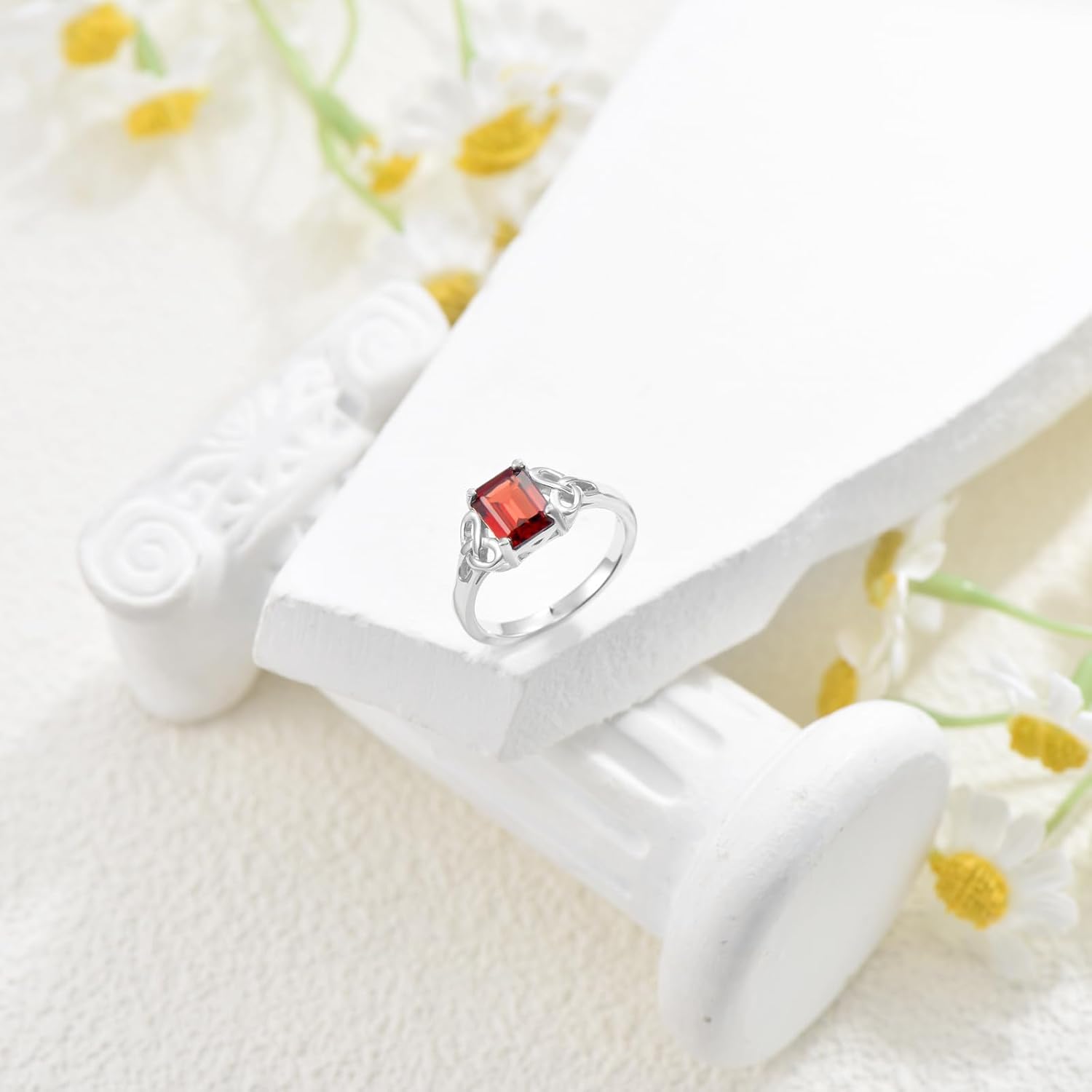 Celtic Knot Ring for Women 925 Sterling Silver Emerald Cut Red Garnet Engagement Promise Ring for Her Ladies