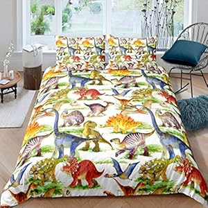 Loussiesd Kinder Bettwäsche Set Cartoon Dino Bettwäsche 135×200 cm Dinosaurier Jungen Bettbezug für Mädchen Kids Microfaser Himmlische Qualität Betten Set mit 1 Kissenbezug 80x80cm Einzelbett 2 teilig