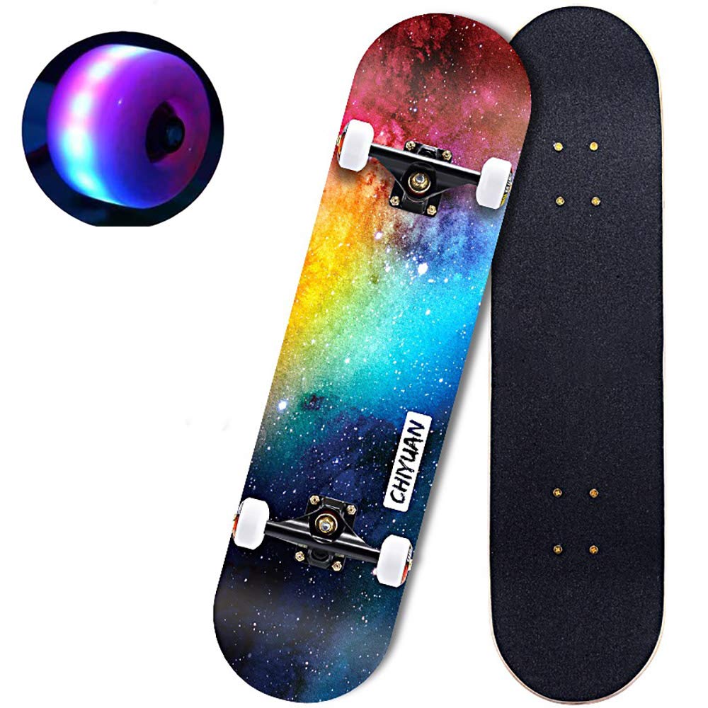Tabla de Skate Retro Maple Wood, Adultos niños Skateboard Completo, Mute Alta Velocidad Rodamientos +PU-LED Rueda, para Principiantes y Profesionales