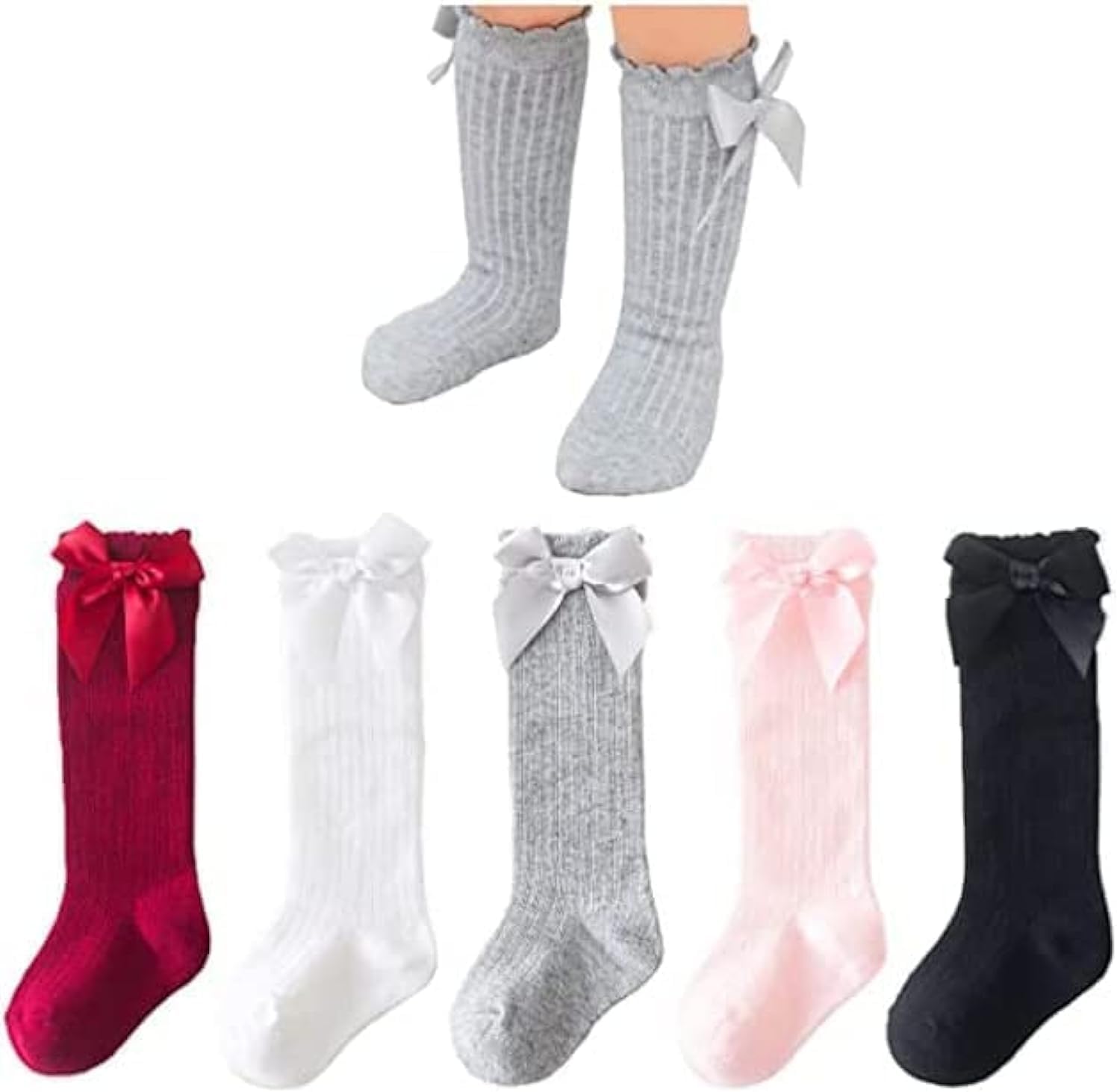 AzoneeBaby Girls Knee High Socks Newborn Infants Toddlers Girls Tube Ruffled Uniform Long Stockings, Long Cotton Socks, 5 Pairs (1-3Years)