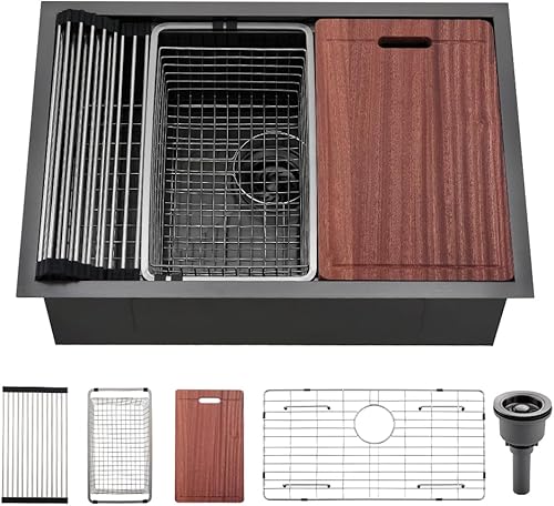 Miniatura 1 de Fregadero de cocina con estación de trabajo de 30 pulgadas, montaje inferior, acero inoxidable negro mate metálico de 30 x 19 pulgadas, calibre 18,