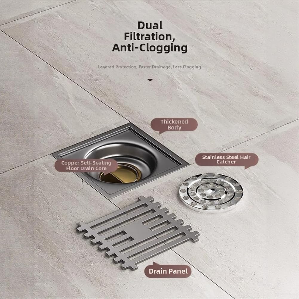 Scarico a pavimento in acciaio inox con anima in rame, controllo automatico e filtro detriti per doccia bagno, grigio, 10 x 10 cm (5)