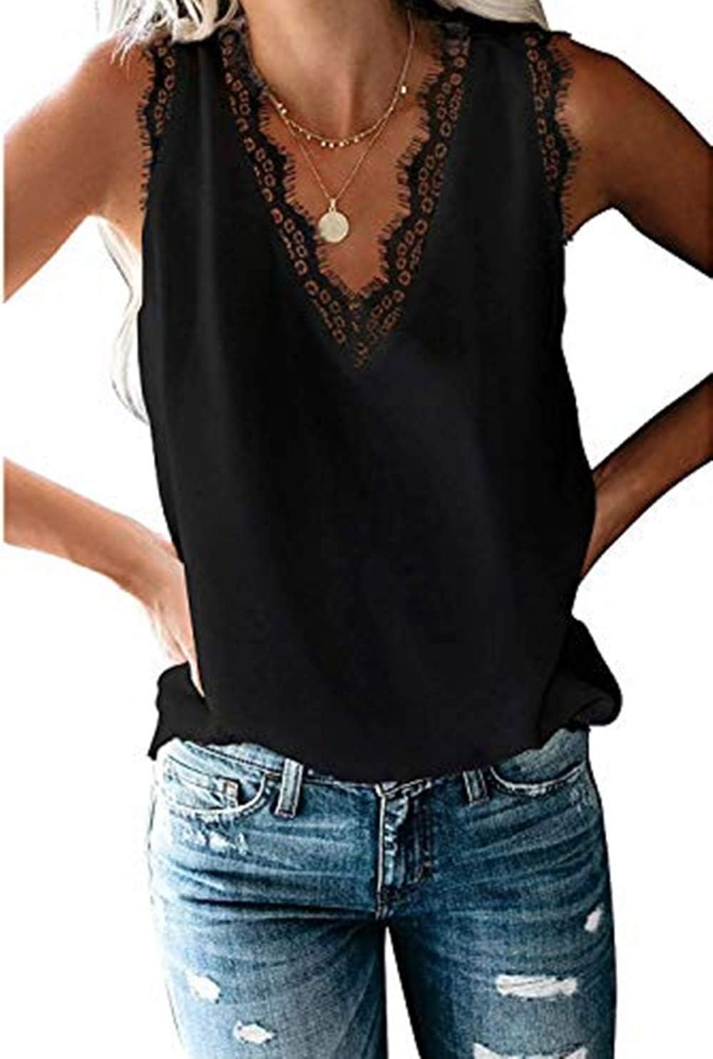 HARHAY 2022 Women's V Neck Lace Trim Casual Tank Tops Sleeveless Blouses Shirts, 01 Black, S