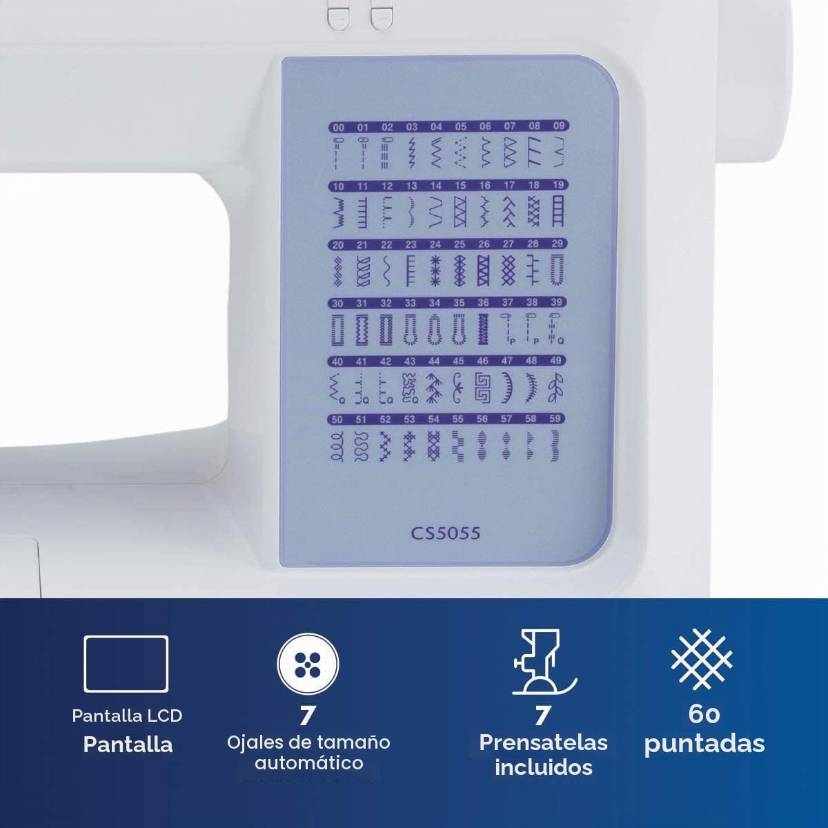 Brother CS5055 - Máquina de coser computarizada, 60 puntadas integradas, visualización LCD, 7 pies incluidos, color blanco