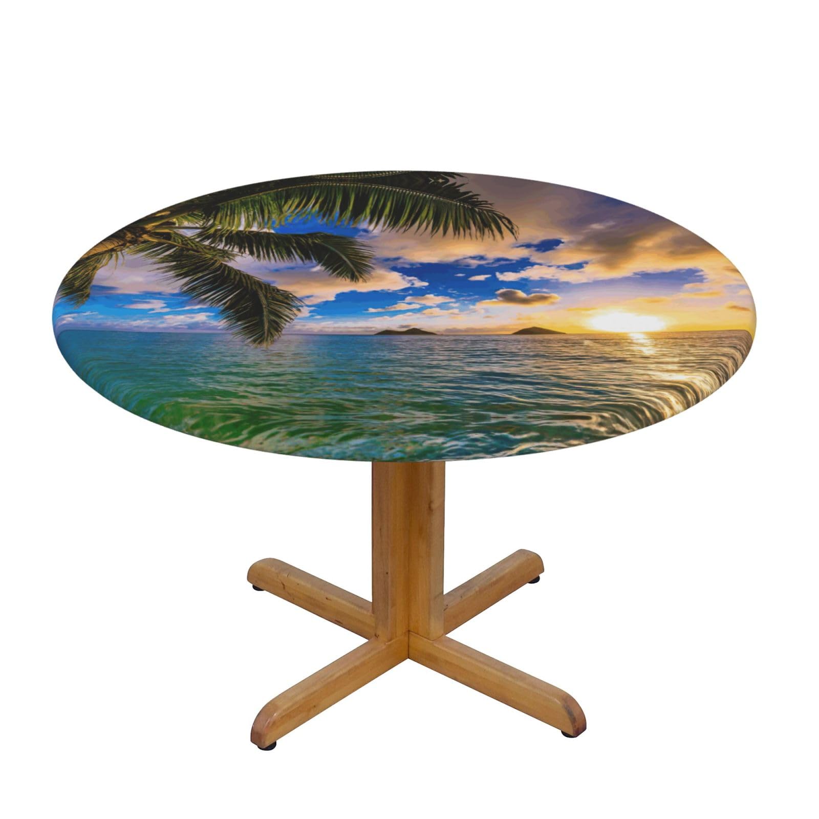 YQxwJL Tropical Hawaii Palm Tree Ocean Sea Sunset Print Round Picnic Tablecloth, Elastic Fitted Table Covers For 90-140 Cm Tables Camping Indoor Outdoor