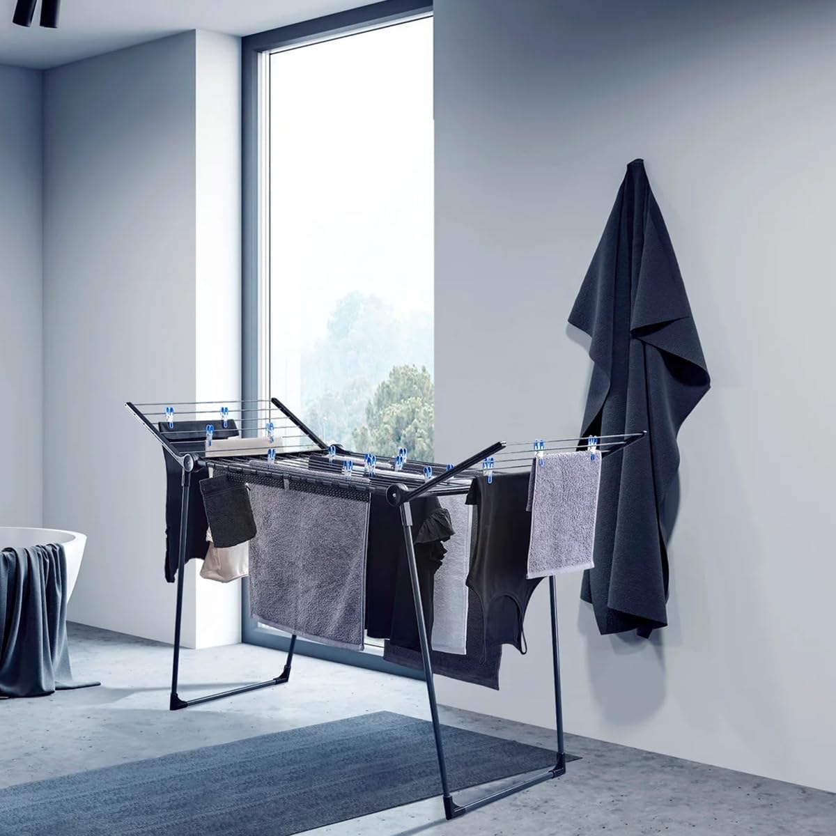 Leifheit Pegasus 180 Solid Black Clothes Airer with 18m Drying Area, Stable Stainless Steel Frame, Folding Wings for Long Laundry, Space-Saving, Includes 2 Side Brackets for Versatile Drying — Black