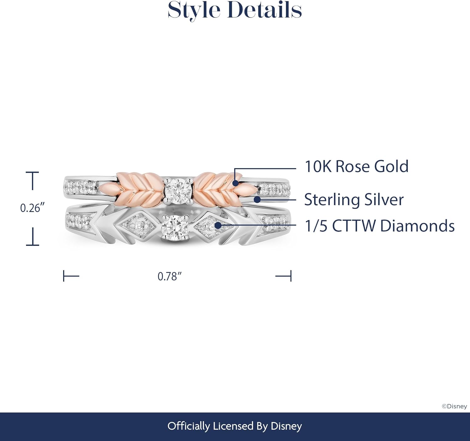 Jewelili Enchanted Disney Fine Jewelry Sterling Silver and 10K Rose Gold 1/5 Cttw Natural White Round Diamond Elsa-Anna Duo Stack Ring