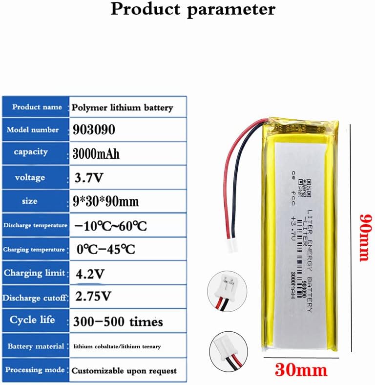 Miniatura 2 de 3.7V 903090 3000mAh batería de iones de polímero de litio recargable batería de polímero con conector JST 0.079 in