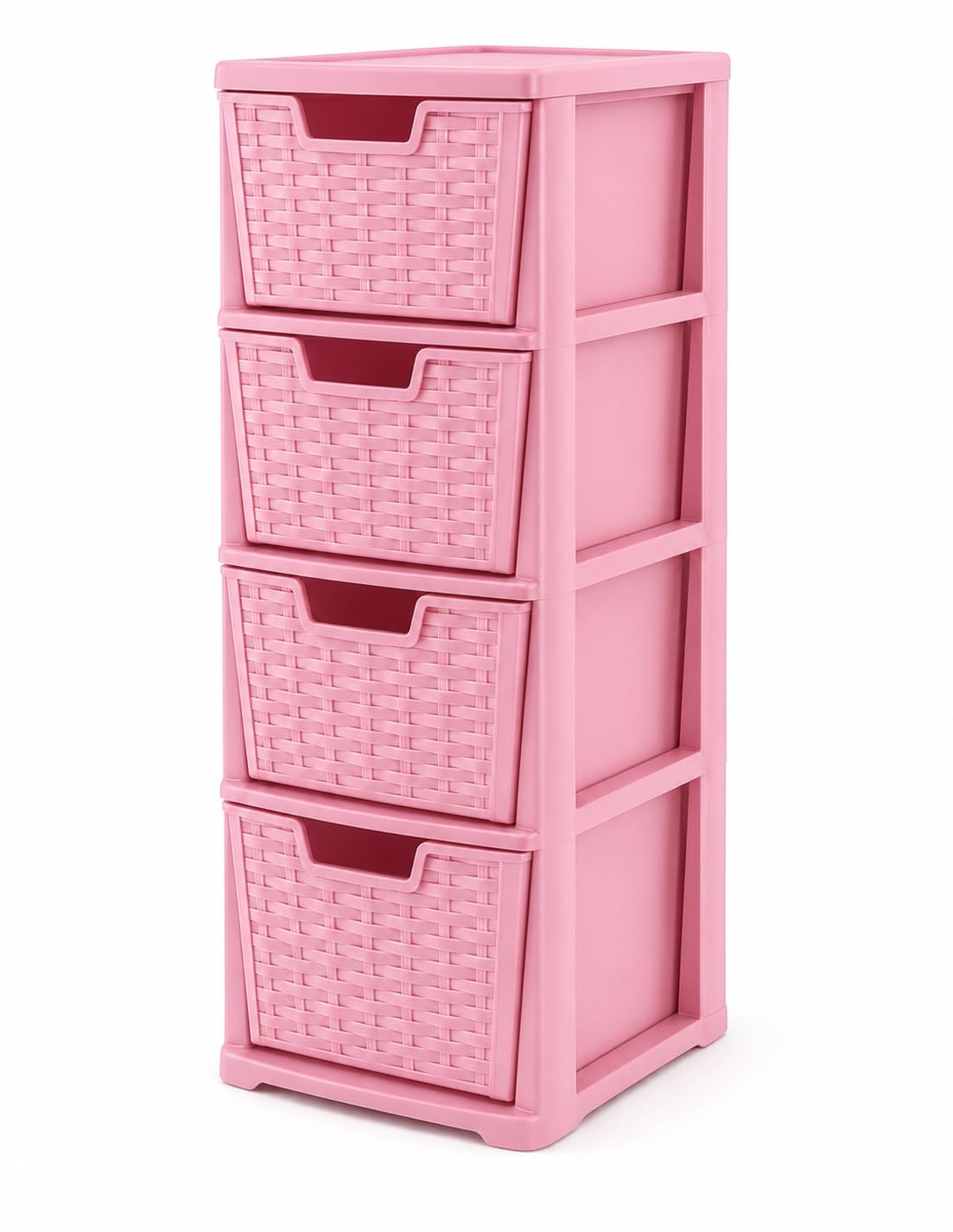 BBSK 4 Drawer Rattan Storage Tower, Plastic Storage Drawers Unit with Woven Basket Design, Slim Freestanding Storage Cabinet for Bedroom, Bathroom, Living Room & Office, Pink, 65 x 19 x 25 cm