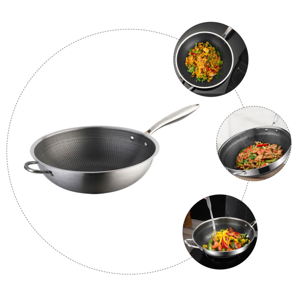 VICASKY Wok Padella in Acciaio Inox Fondo a Nido D'ape Antiaderente Manico Ergonomico Adatta per Friggere Patate e Cucinare Carne, Compatibile piano Induzione