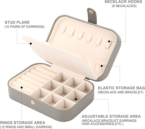 Vista 2 de FEISCON Organizador de joyas, pequeño joyero, mini joyero, estuche de viaje, almacenamiento y organizador portátil de joyería, caja