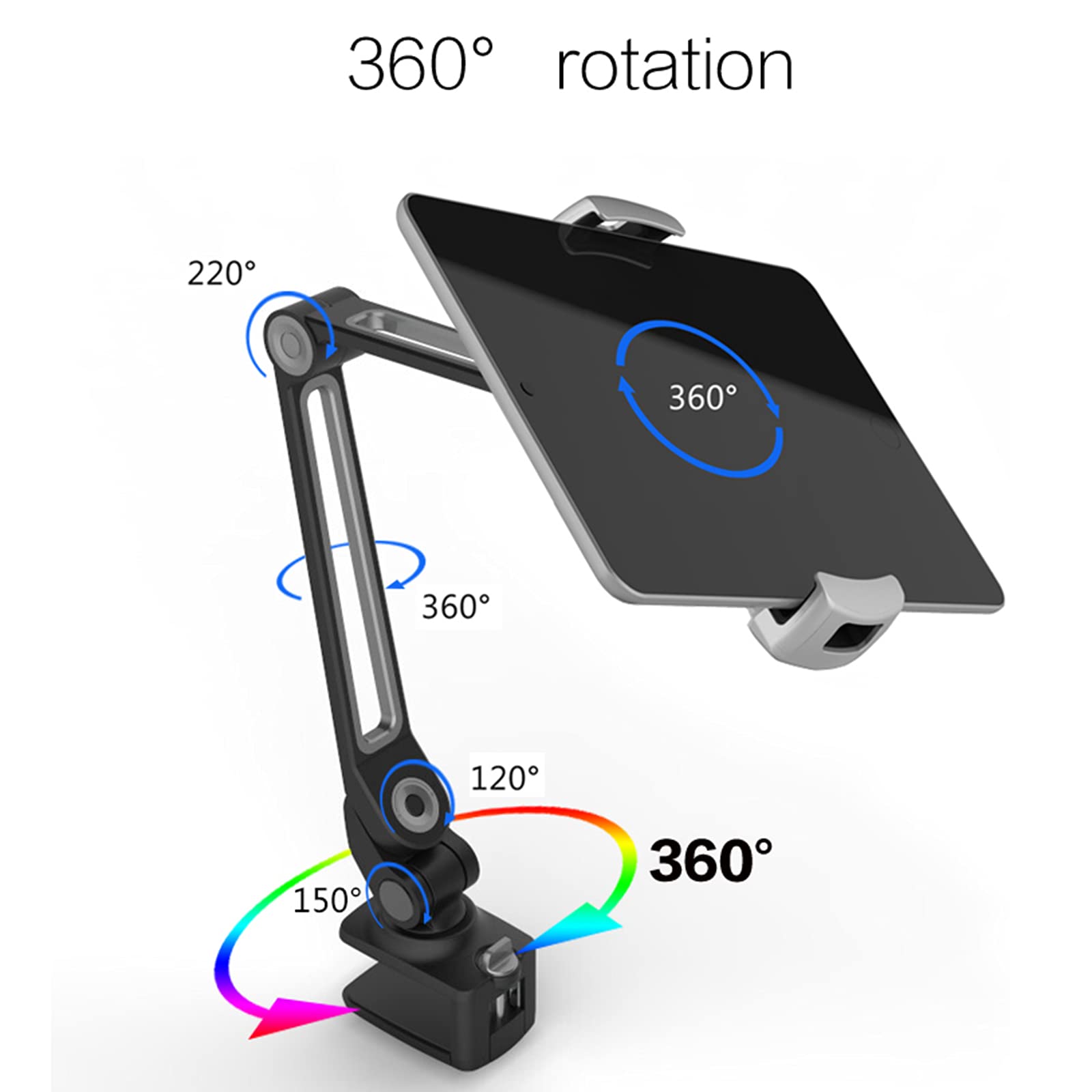 Supporto per Tablet, Supporto per Braccio Lungo Flessibile Regolabile, Rotazione di 360 Gradi, Supporto Universale per 4-11" Dispositivo,Nero