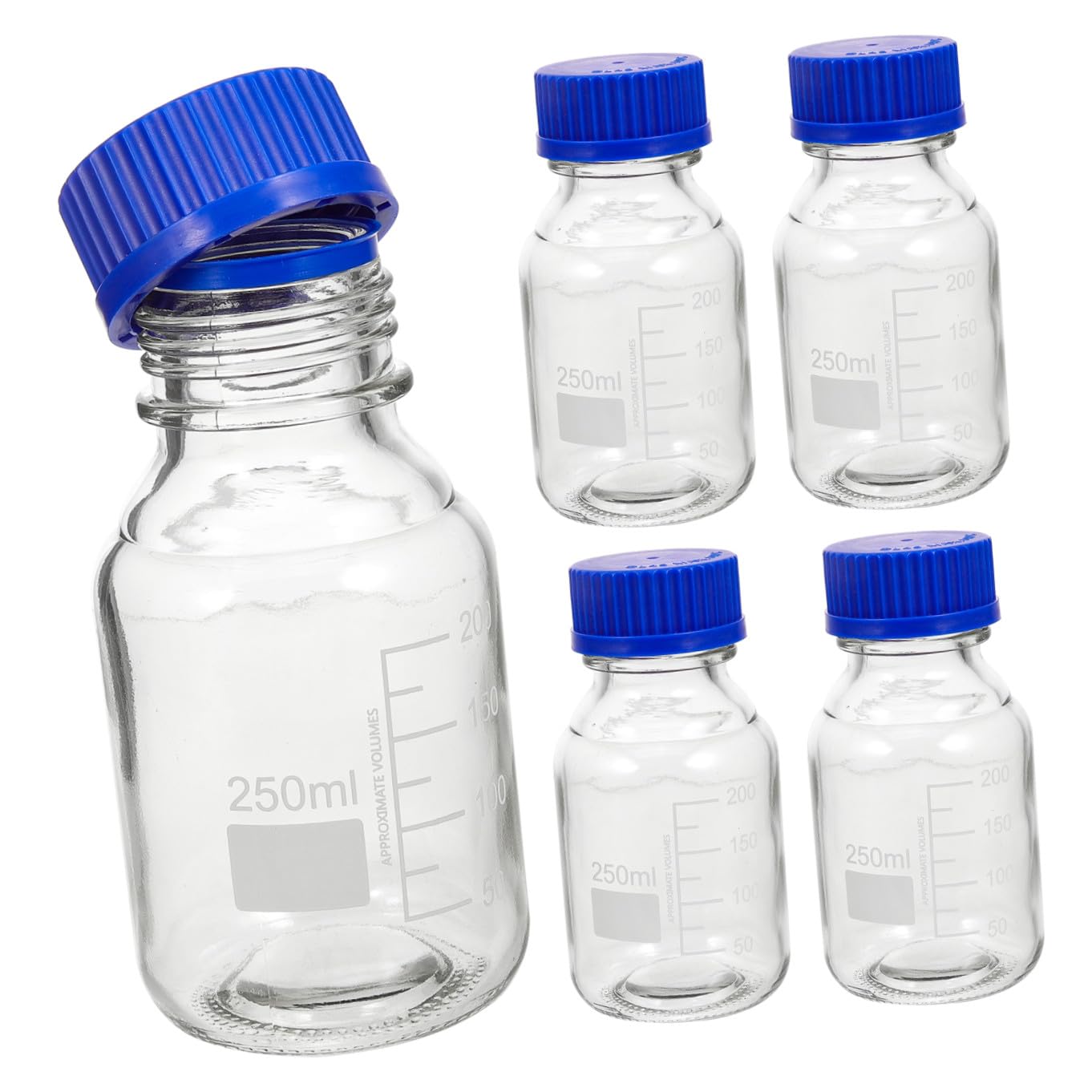 Mikikit 4 Pezzi Bottiglie in Vetro da 250ml con Tappo a Vite Blu, Bottiglia di Reagente Graduata Multiuso per Laboratorio e Industria Chimica