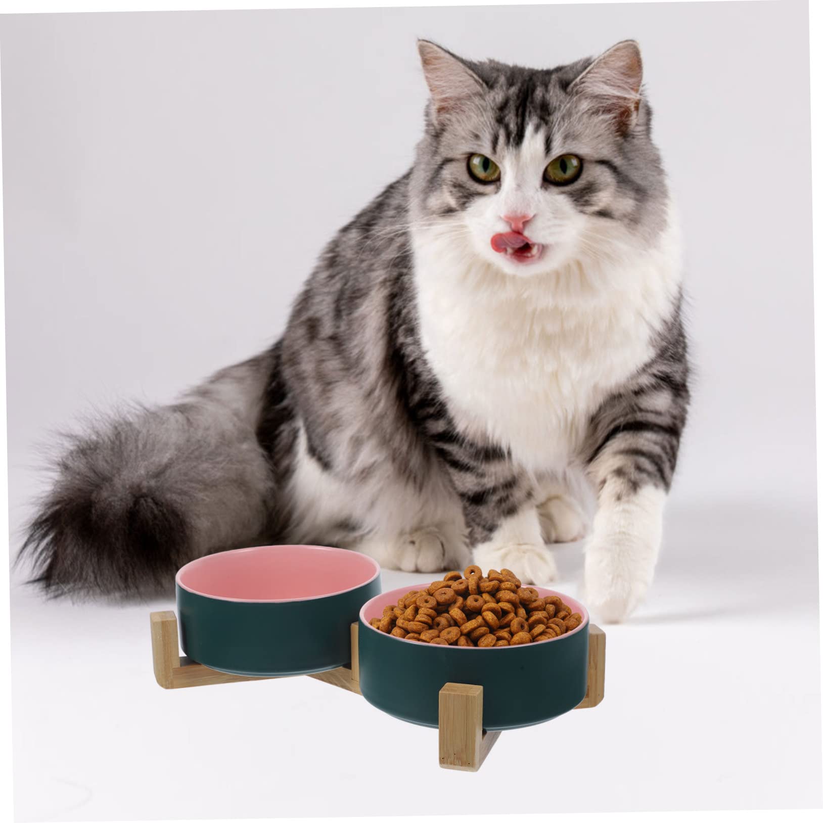 Toyvian Keramik Katzennapf mit Rutschfestem Holzständer Doppelte Futterschalen in Grün und Rosa Abnehmbar und Leicht zu Reinigen Kleines Haustier Futterbehälter für Katzen und Kleine