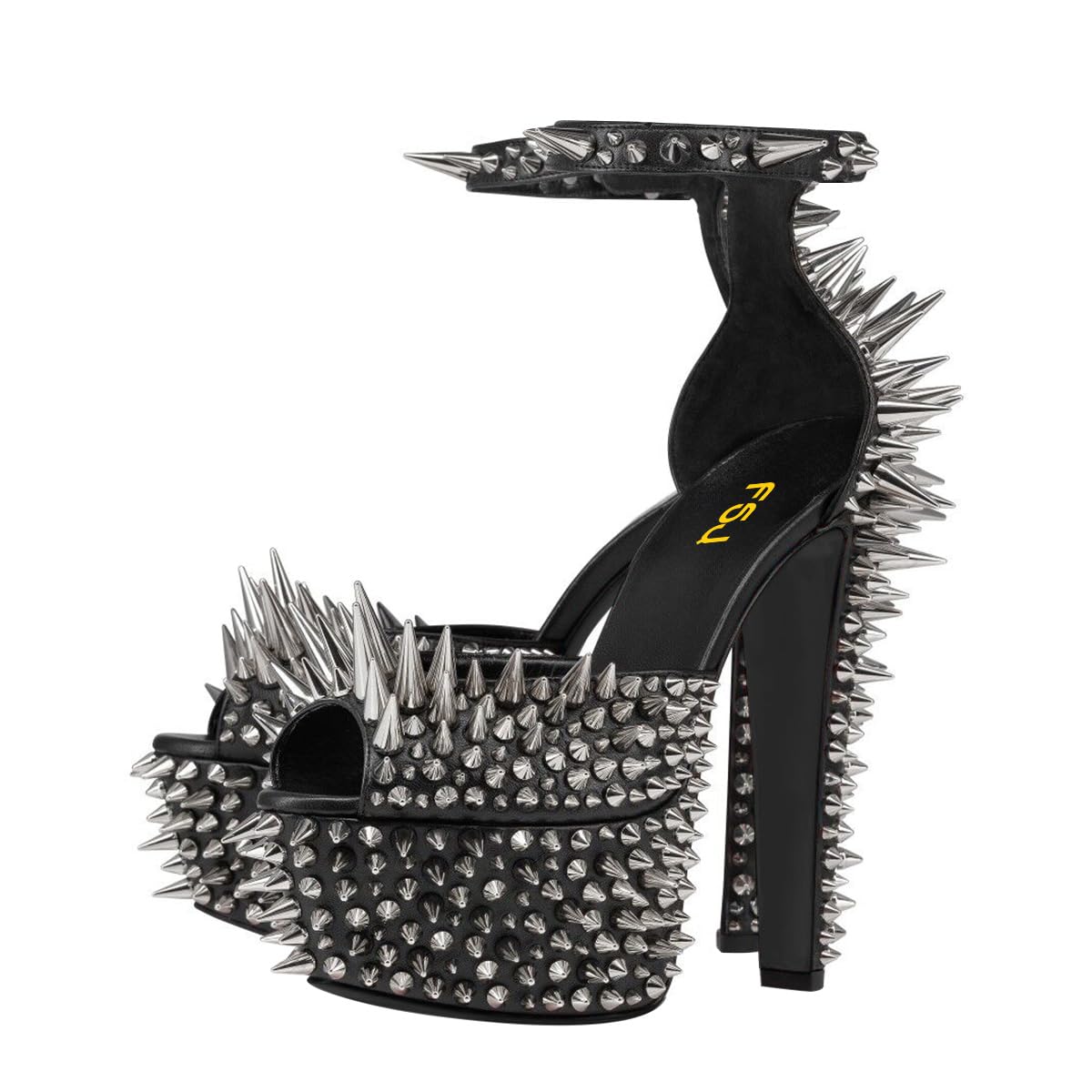FSJ Women Spiked High Heel Sandals with Studded Ankle Strap Peep Toe Platform Chunky Rivets Heel Sexy Night Club Party Shoes Size 4-16 US