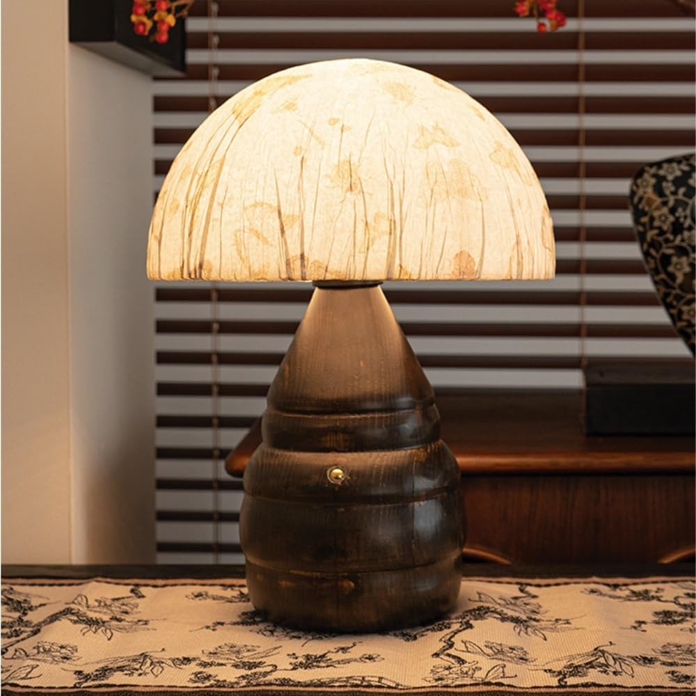 Lampada da tavolo in legno cinese, luce ambientale sul comodino | Legno massello, paralume in tessuto dipinto a mano, controllo touch, stile cinese, luce