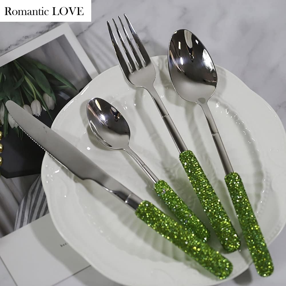 Romantic LOVE Lussuoso Set Di Posate in Acciaio Inossidabile Con Manico A Diamante Da 4 - Posate Esclusive Per Donna, Regali Di Compleanno, Regali Di Natale Per I Nuovi Arrivati (Verde)
