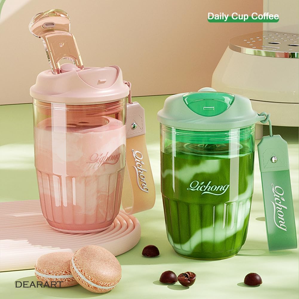 DEARART 14oz Coffee Cup Water Bottle Cute Design, One Hand Leak Proof TRITAN Material, Narrow Spout Clear Bottle with Buckle, Suit Office School Yoga Travel, Pink - Image 3