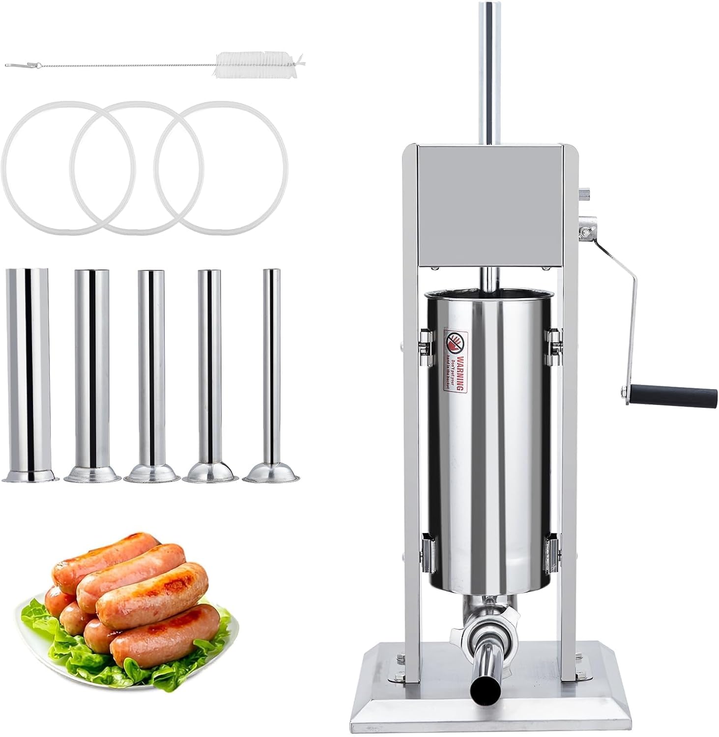 Manual Stainless Steel Sausage Maker, 10L Capacity Meat Stuffer with Dual Speed and 5 Stuffing Tubes, Heavy Duty Sausage Filler for Home Kitchen and Commercial Use