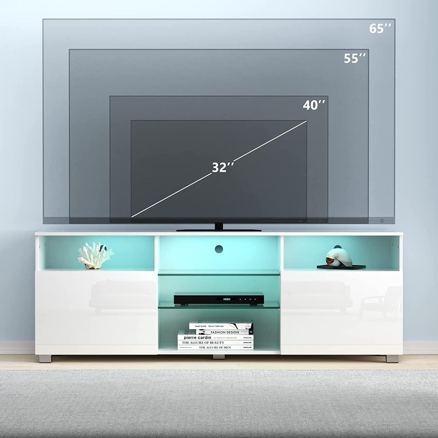 AUXSOUL High Glossy LED TV Stand for 65 inch TV - Modern Entertainment Center with RGB LED Light - TV Cabinet with Storage Shelves - Game Console Table Furniture for Living Room(57 inch White)