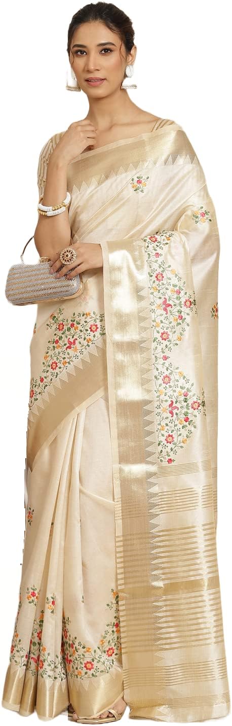 Women's Kasavu Cotton Blend Saree With Blouse Piece