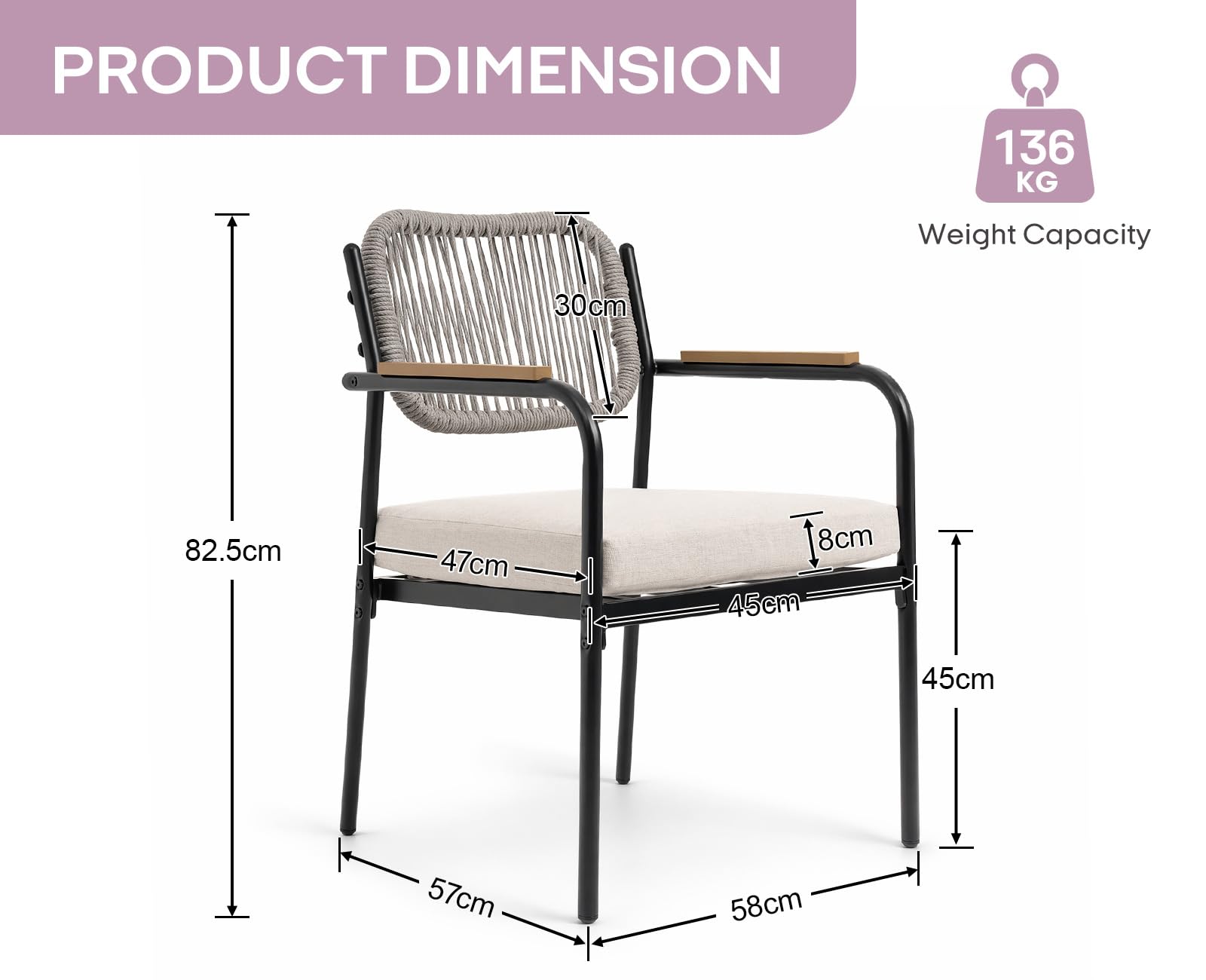 Ya-Home Gartenstühle 4er Set wetterfest, Terrassenstühle, Gartensessel Outdoor Loungesessel mit 8 cm Sitzkissen, witterungsbeständig, Balkonstühle Metall für Garten, Terrasse & Balkon, Beige