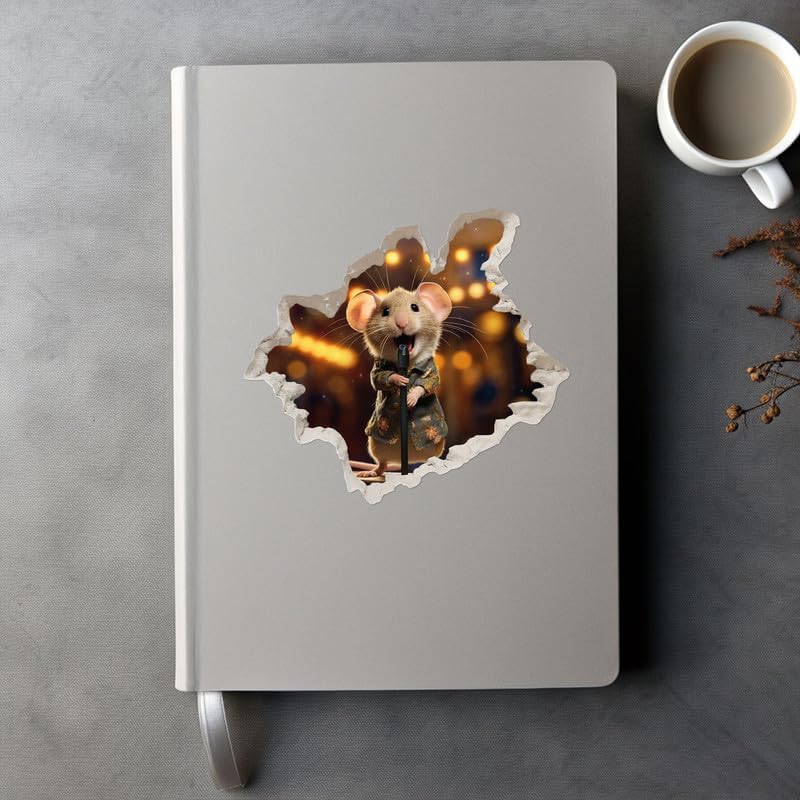 Miniatura 3 de Calcomanía de pared 3D de ratón cantando en el agujero del ratón, decoración del hogar de dibujos animados, arte de vinilo, estantería, portátil,