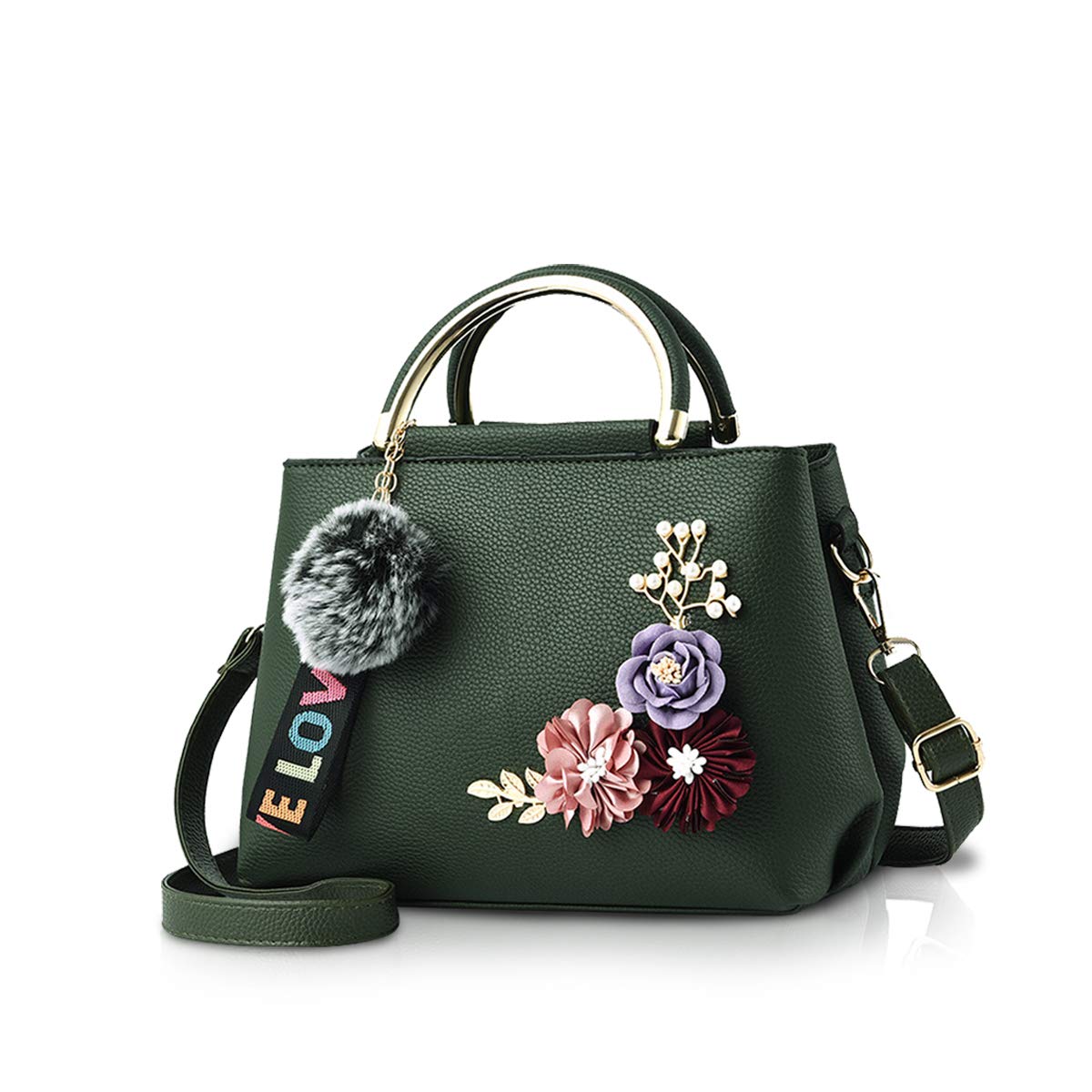 NICOLE & DORIS Damen Leder Handtasche Umhängetaschen mit Blume Jahrgang Griff Tasche Designer Tote Geldbörse mit Pom Pom dunkelgrün