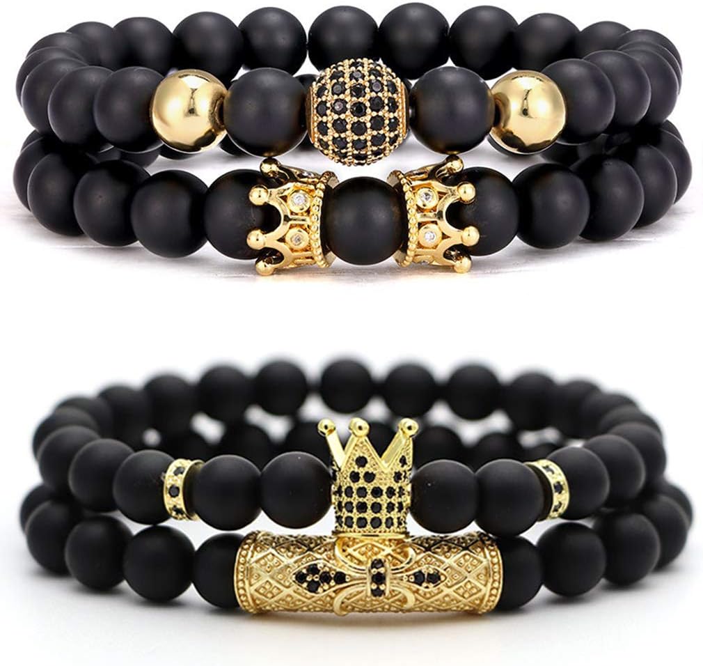 CASDAN 4 PCS Bracelets for Men Women Friendship Lava Stone Crown Bead Bracelets 8MM Natural Essential Oil Diffuser Beads Bangles Gifts