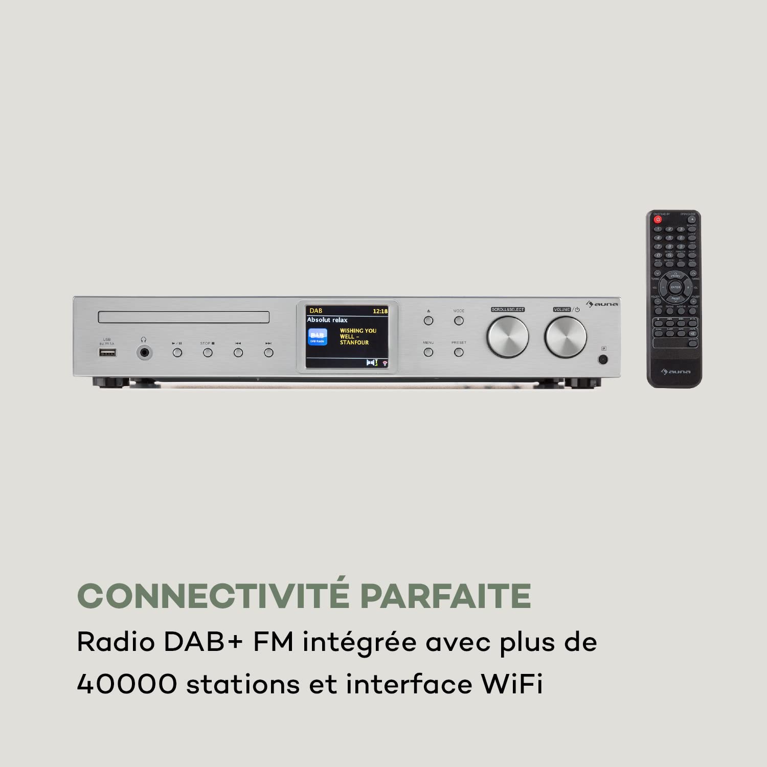 AUNA iTuner CD Récepteur HiFi - Tuner Internet Radio, Tuner HiFi, Radio FM, Dab+, Lecteur CD, Connexions Multiples, WiFi, Spotify Connect, UNDOK, USB - no Bluetooth, Argent