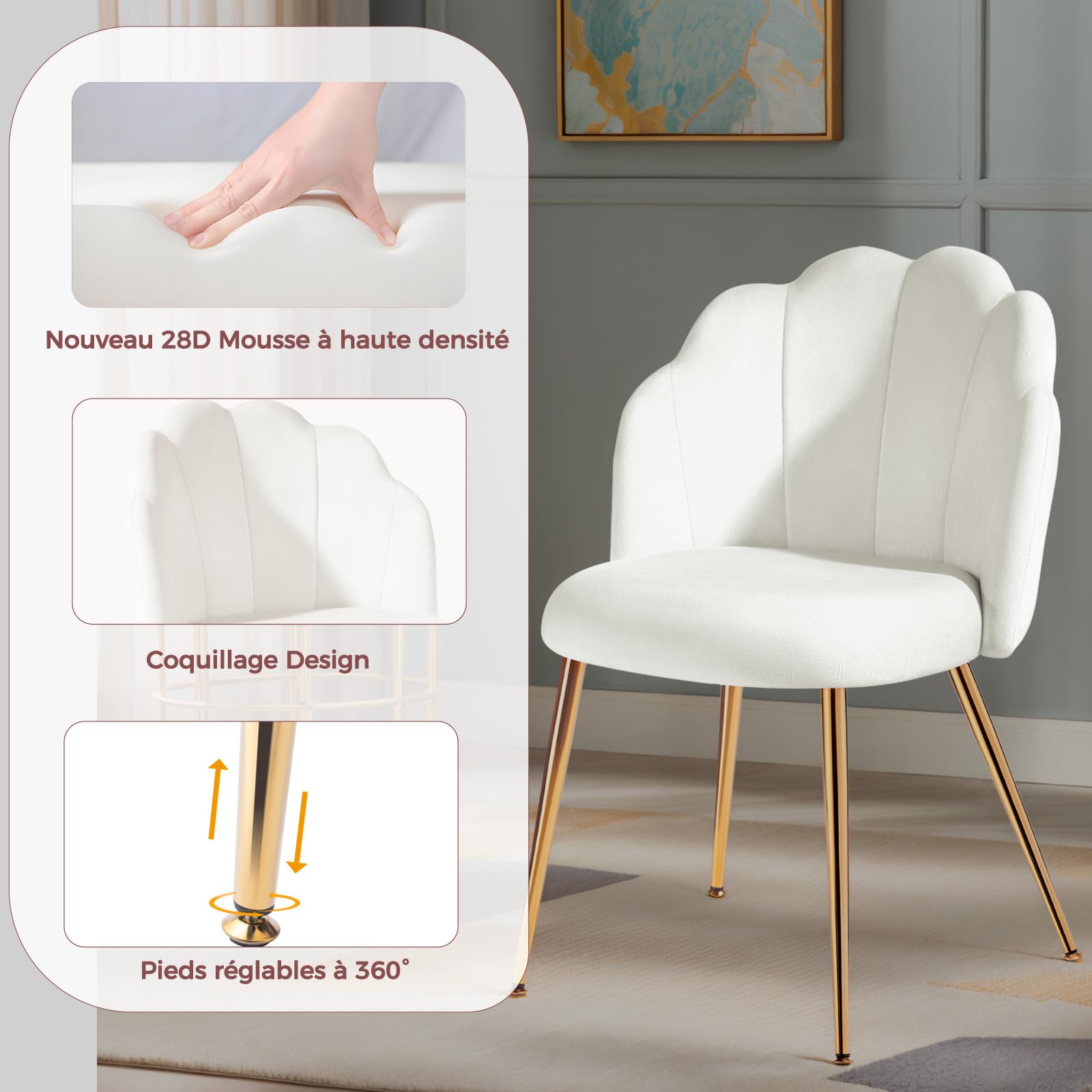 ‌Chaise de Coiffeuse Design en Velours avec Pieds Métal Doré - Fauteuil Coquillage Adulte pour Chambre à Coucher,Beige/Blanc