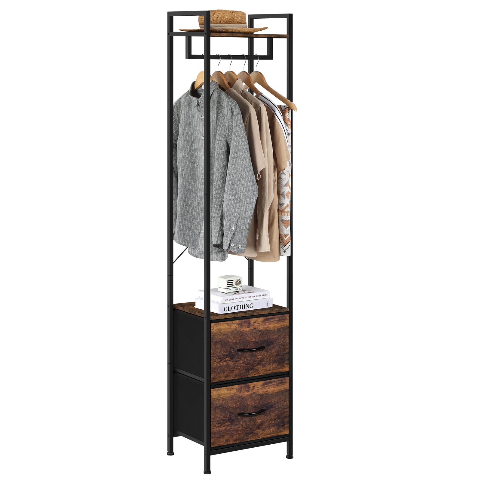 Perchero de pie estable, de metal, estrecho, con 2 estantes para zapatos, diseño minimalista, ahorra espacio, perchero para dormitorio o hogar, color marrón