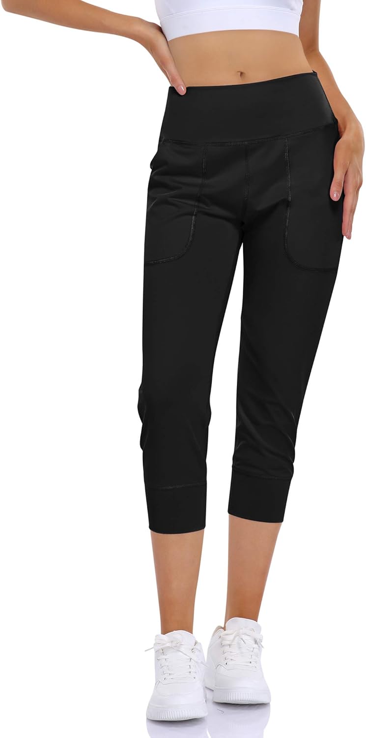 Yesfashion Women's Capri Joggers Pantss Yoga Pants Workout Joggers High Waist Drawstring Active Athletic Sweatpants Capri Joggers Pants Pants with Pockets Black XXL