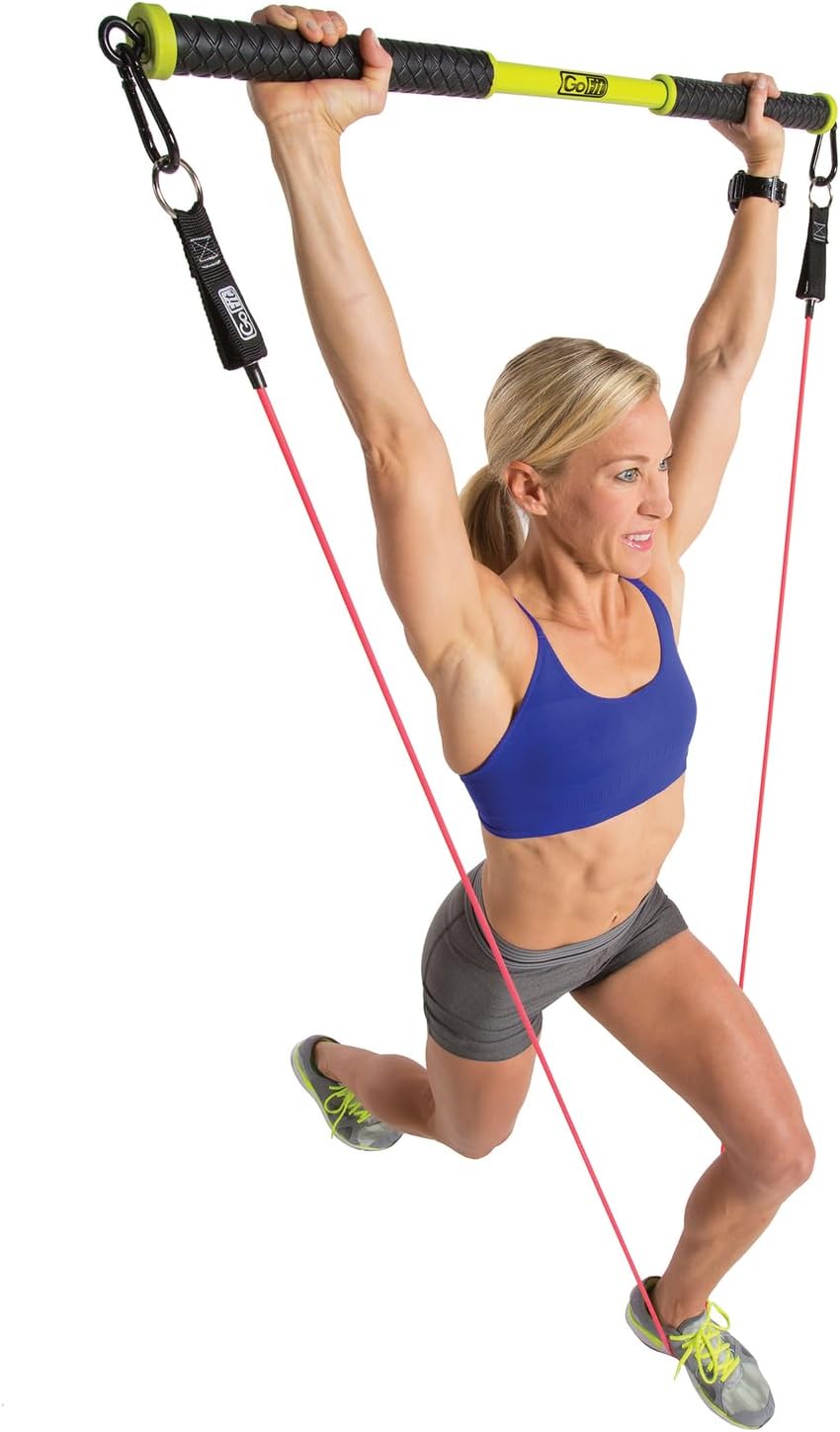 GoFit RAB Resist-A-Bar – Workout Resistance Band Bar for Home Gym, Portable Exercise Equipment, Black/Green, GF-RAB